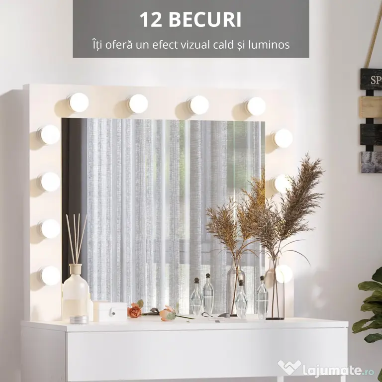 HOMCOM Masă de Machiaj Vintage cu Scaun Tapitat, Oglindă cu 12 Lămpi LED, Sertar Mare, MDF Alb, pentru Dormitor | Aosom Romania