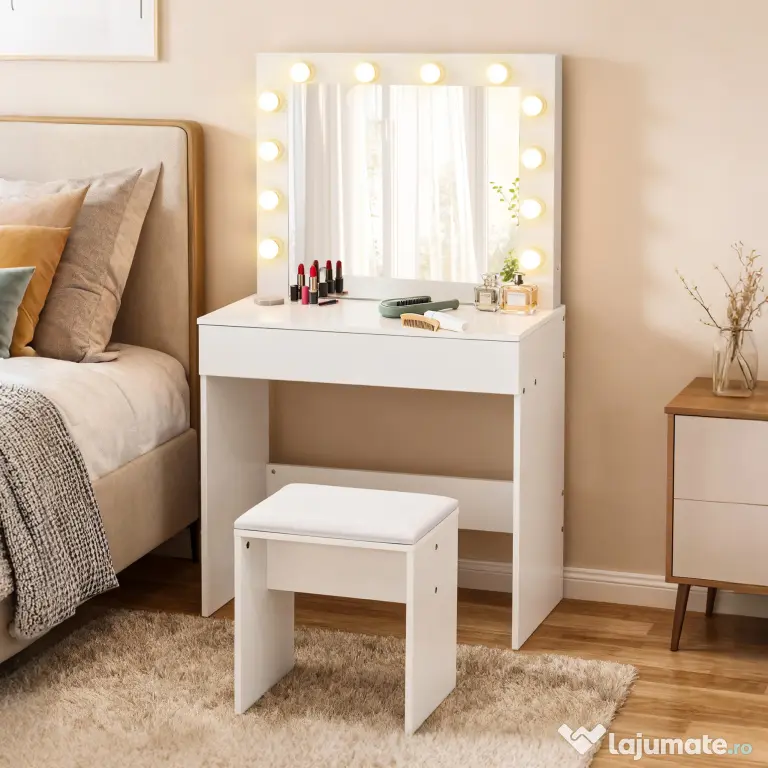 HOMCOM Masă de Machiaj Vintage cu Scaun Tapitat, Oglindă cu 12 Lămpi LED, Sertar Mare, MDF Alb, pentru Dormitor | Aosom Romania