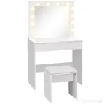 Homcom Masa Machiaj cu Oglindă LED 12 Lumini, Set cu Scaun Tapitat și Sertar Spațios, Mobilier pentru Dormitor, 80x40x140 cm, Alb