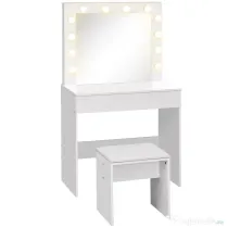 Homcom Masa Machiaj cu Oglindă LED 12 Lumini, Set cu Scaun Tapitat și Sertar Spațios, Mobilier pentru Dormitor, 80x40x140 cm, Alb