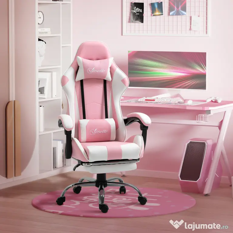 Vinsetto Scaun Gaming Ergonomic Reclinabil cu Tetieră, Pernă Lombară, Înălțime Reglabilă, Roz și Alb | Aosom Romania