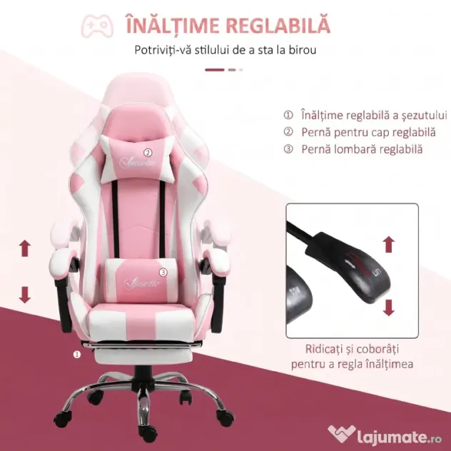 Vinsetto Scaun Gaming Ergonomic Reclinabil cu Tetieră, Pernă Lombară, Înălțime Reglabilă, Roz și Alb | Aosom Romania