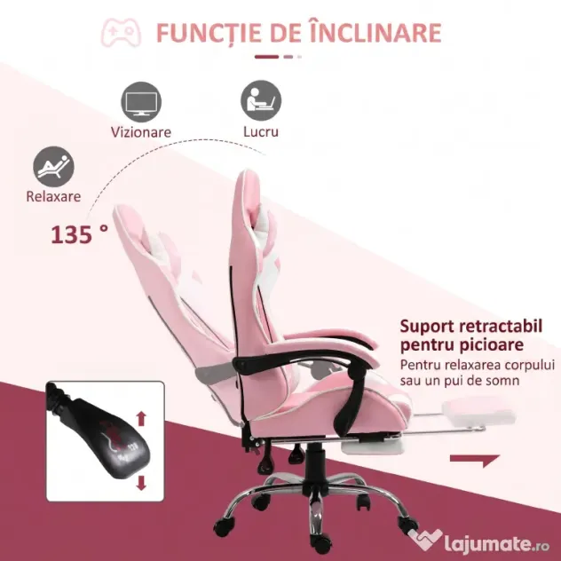 Vinsetto Scaun Gaming Ergonomic Reclinabil cu Tetieră, Pernă Lombară, Înălțime Reglabilă, Roz și Alb | Aosom Romania