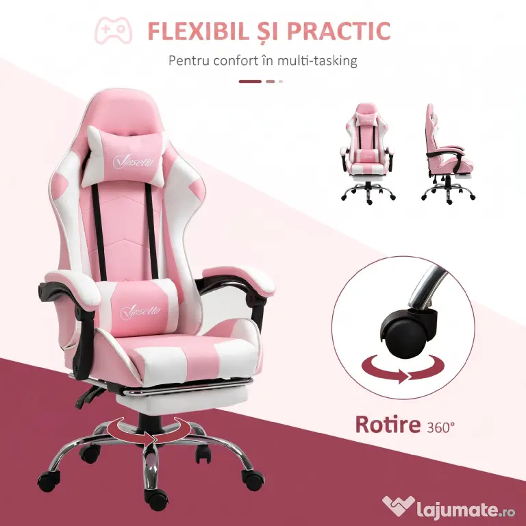 Vinsetto Scaun Gaming Ergonomic Reclinabil cu Tetieră, Pernă Lombară, Înălțime Reglabilă, Roz și Alb | Aosom Romania