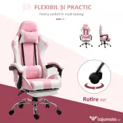 Vinsetto Scaun Gaming Ergonomic Reclinabil cu Tetieră, Pernă Lombară, Înălțime Reglabilă, Roz și Alb | Aosom Romania 