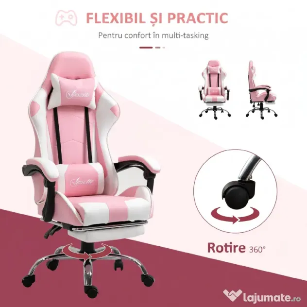 Vinsetto Scaun Gaming Ergonomic Reclinabil cu Tetieră, Pernă Lombară, Înălțime Reglabilă, Roz și Alb | Aosom Romania