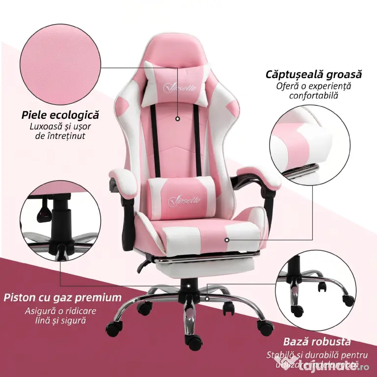 Vinsetto Scaun Gaming Ergonomic Reclinabil cu Tetieră, Pernă Lombară, Înălțime Reglabilă, Roz și Alb | Aosom Romania