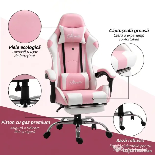 Vinsetto Scaun Gaming Ergonomic Reclinabil cu Tetieră, Pernă Lombară, Înălțime Reglabilă, Roz și Alb | Aosom Romania
