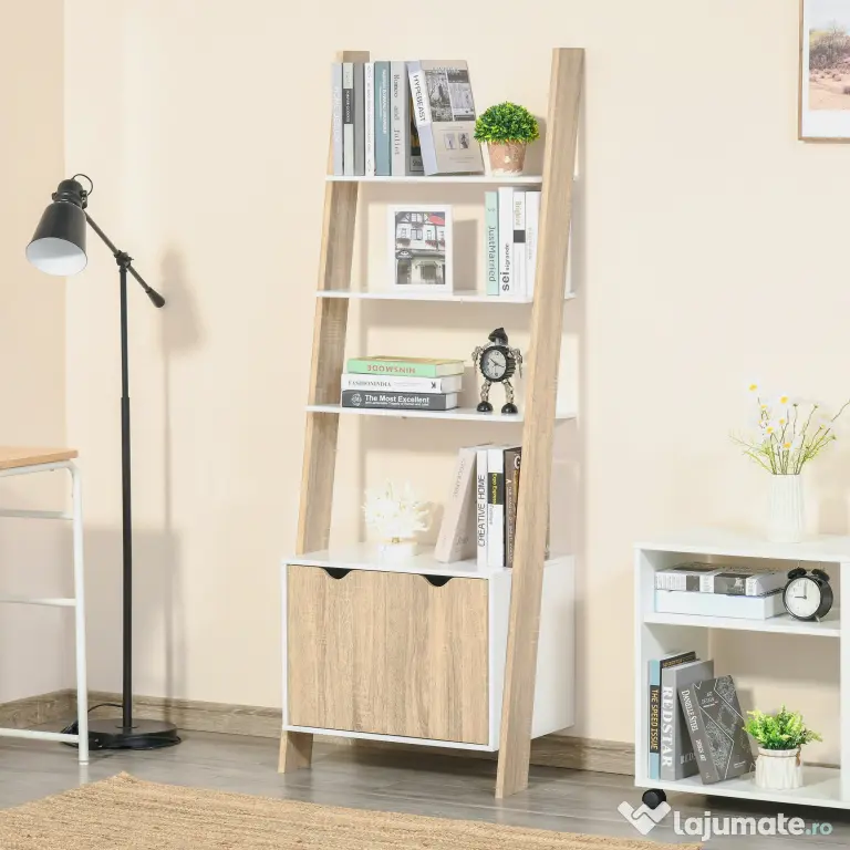 Biblioteca tip scara cu 3 Rafturi si Dulap, Raft Modern Stil Nordic din Lemn, 60x40x171cm, Stejar si Alb HOMCOM | Aosom Romania