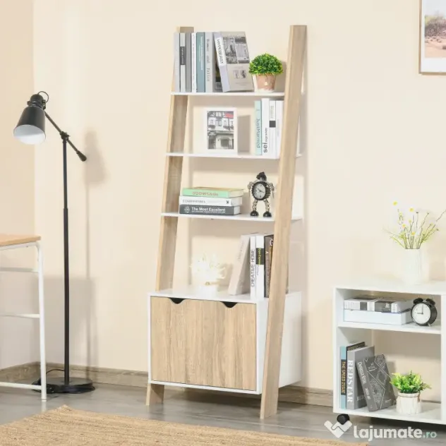Biblioteca tip scara cu 3 Rafturi si Dulap, Raft Modern Stil Nordic din Lemn, 60x40x171cm, Stejar si Alb HOMCOM | Aosom Romania