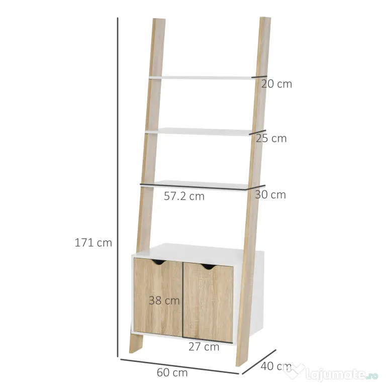 Biblioteca tip scara cu 3 Rafturi si Dulap, Raft Modern Stil Nordic din Lemn, 60x40x171cm, Stejar si Alb HOMCOM | Aosom Romania