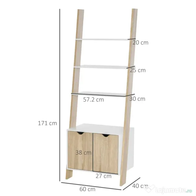 Biblioteca tip scara cu 3 Rafturi si Dulap, Raft Modern Stil Nordic din Lemn, 60x40x171cm, Stejar si Alb HOMCOM | Aosom Romania