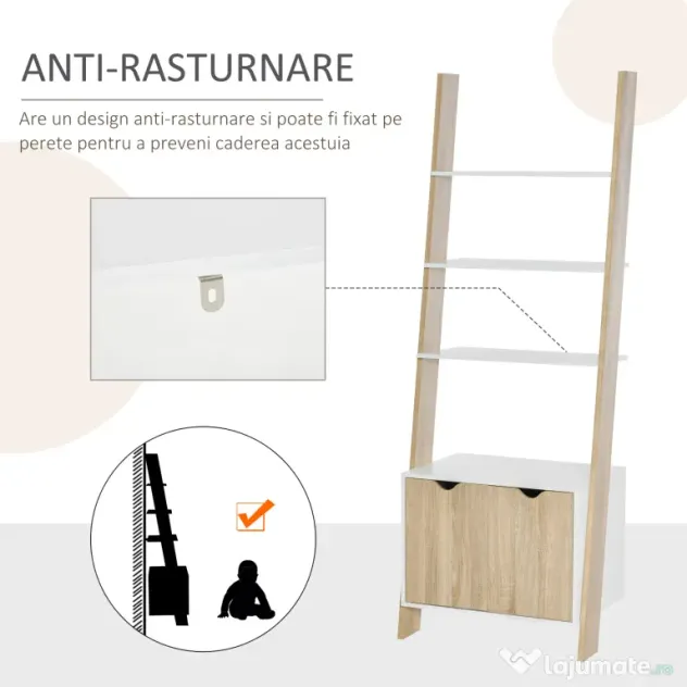 Biblioteca tip scara cu 3 Rafturi si Dulap, Raft Modern Stil Nordic din Lemn, 60x40x171cm, Stejar si Alb HOMCOM | Aosom Romania