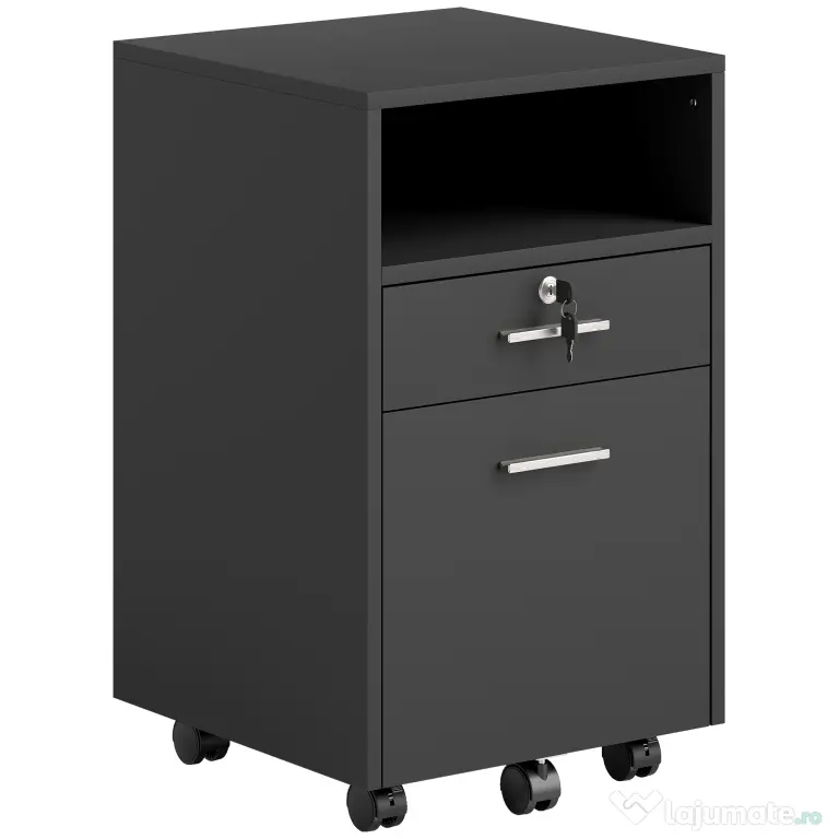 Vinsetto Comodă de Birou cu 2 Sertare și Raft Deschis, Mobilier cu 5 Rotile, Încuietoare și 2 Chei, 39x40x65 cm, Negru | Aosom Romania