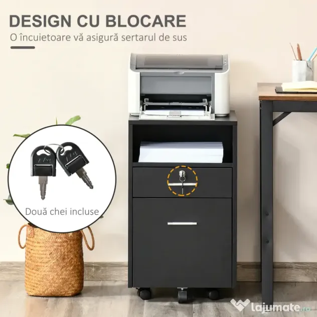 Vinsetto Comodă de Birou cu 2 Sertare și Raft Deschis, Mobilier cu 5 Rotile, Încuietoare și 2 Chei, 39x40x65 cm, Negru | Aosom Romania