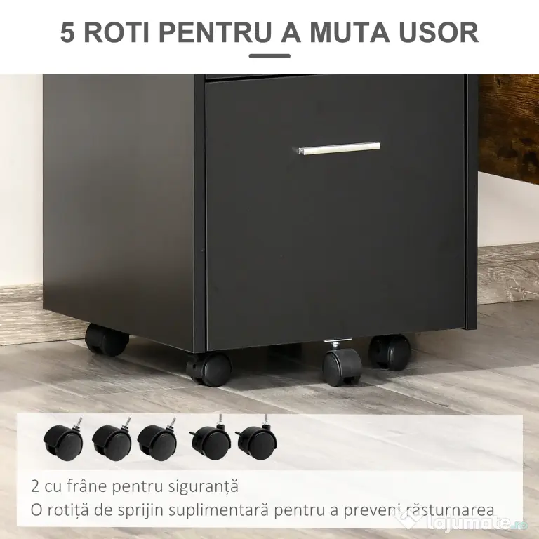 Vinsetto Comodă de Birou cu 2 Sertare și Raft Deschis, Mobilier cu 5 Rotile, Încuietoare și 2 Chei, 39x40x65 cm, Negru | Aosom Romania