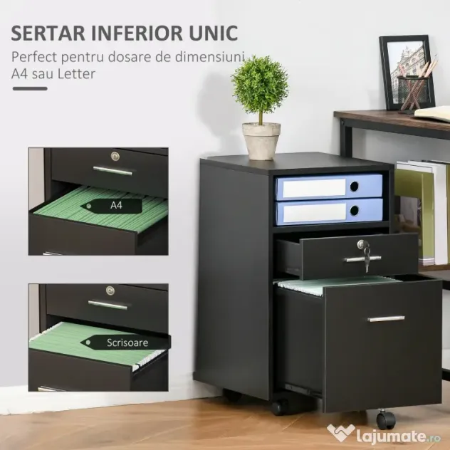 Vinsetto Comodă de Birou cu 2 Sertare și Raft Deschis, Mobilier cu 5 Rotile, Încuietoare și 2 Chei, 39x40x65 cm, Negru | Aosom Romania