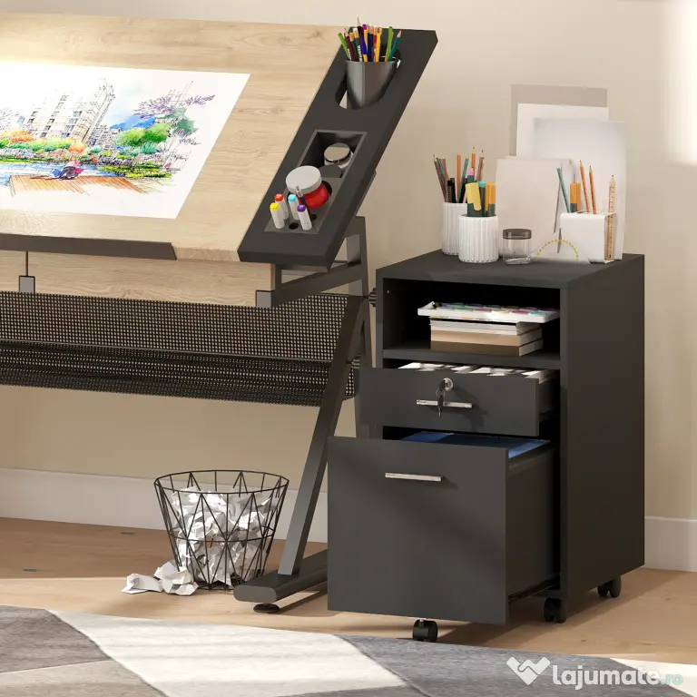 Vinsetto Comodă de Birou cu 2 Sertare și Raft Deschis, Mobilier cu 5 Rotile, Încuietoare și 2 Chei, 39x40x65 cm, Negru | Aosom Romania