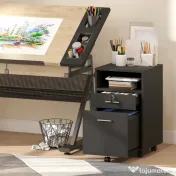 Vinsetto Comodă de Birou cu 2 Sertare și Raft Deschis, Mobilier cu 5 Rotile, Încuietoare și 2 Chei, 39x40x65 cm, Negru | Aosom Romania