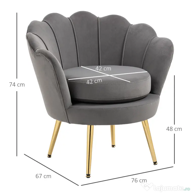 Fotoliu Vintage HOMCOM cu Design din Catifea Gri Fotoliu de Dormitor cu Spatar Inalt, picioare din metal zincat 75x63x73cm | Aosom Romania