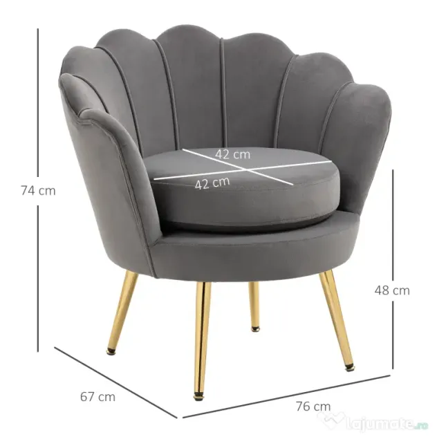 Fotoliu Vintage HOMCOM cu Design din Catifea Gri Fotoliu de Dormitor cu Spatar Inalt, picioare din metal zincat 75x63x73cm | Aosom Romania
