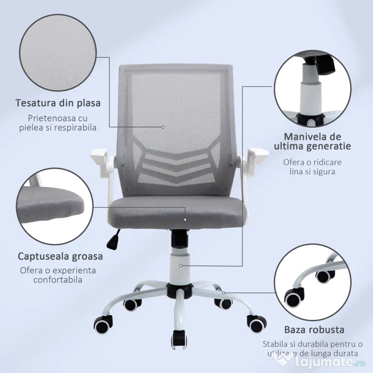 Vinsetto Scaun de Birou Ergonomic cu Suport Lombar din Țesătură, Gri | Aosom Romania