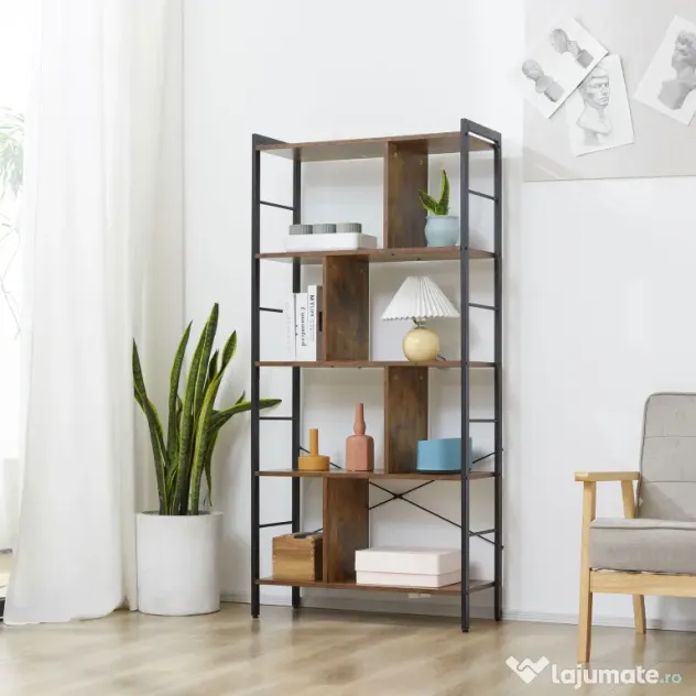 HOMCOM Bibliotecă cu 5 Rafturi, Compartimente Deschise, 77 x 30 x 157,5 cm, Maro Rustic și Negru | Aosom Romania