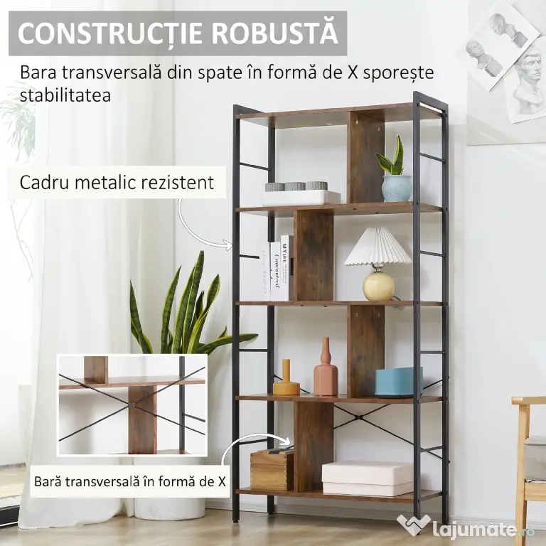 HOMCOM Bibliotecă cu 5 Rafturi, Compartimente Deschise, 77 x 30 x 157,5 cm, Maro Rustic și Negru | Aosom Romania