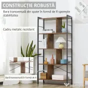 HOMCOM Bibliotecă cu 5 Rafturi, Compartimente Deschise, 77 x 30 x 157,5 cm, Maro Rustic și Negru | Aosom Romania