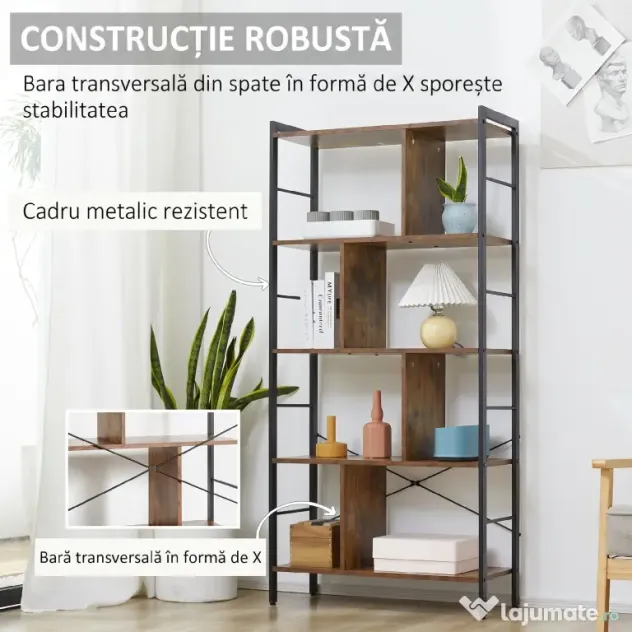 HOMCOM Bibliotecă cu 5 Rafturi, Compartimente Deschise, 77 x 30 x 157,5 cm, Maro Rustic și Negru | Aosom Romania