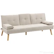 HOMCOM Canapea extensibilă 3 locuri, rabatabilă, cu tapițerie cu efect de in și măsuță pliabilă, bej 