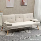 HOMCOM Canapea extensibilă 3 locuri, rabatabilă, cu tapițerie cu efect de in și măsuță pliabilă, bej 