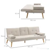 HOMCOM Canapea extensibilă 3 locuri, rabatabilă, cu tapițerie cu efect de in și măsuță pliabilă, bej 