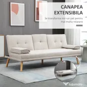 HOMCOM Canapea extensibilă 3 locuri, rabatabilă, cu tapițerie cu efect de in și măsuță pliabilă, bej 