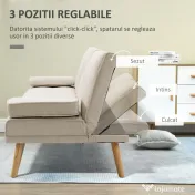 HOMCOM Canapea extensibilă 3 locuri, rabatabilă, cu tapițerie cu efect de in și măsuță pliabilă, bej 