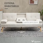 HOMCOM Canapea extensibilă 3 locuri, rabatabilă, cu tapițerie cu efect de in și măsuță pliabilă, bej 