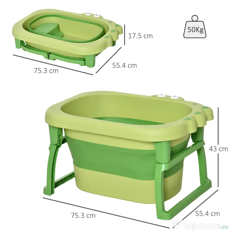 HOMCOM Cadă pentru Băiță Nou-Născuți și Copii 0-6 Ani, Plastic Antiderapant, Verde, Dimensiuni 75.3x55.4x43cm | Aosom România