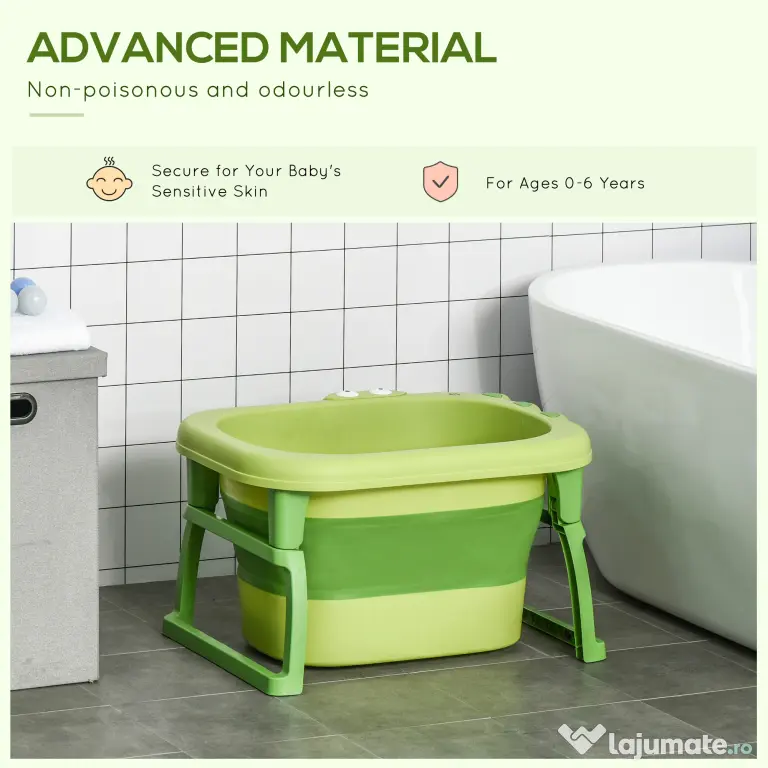 HOMCOM Cadă pentru Băiță Nou-Născuți și Copii 0-6 Ani, Plastic Antiderapant, Verde, Dimensiuni 75.3x55.4x43cm | Aosom România