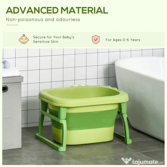 HOMCOM Cadă pentru Băiță Nou-Născuți și Copii 0-6 Ani, Plastic Antiderapant, Verde, Dimensiuni 75.3x55.4x43cm | Aosom România