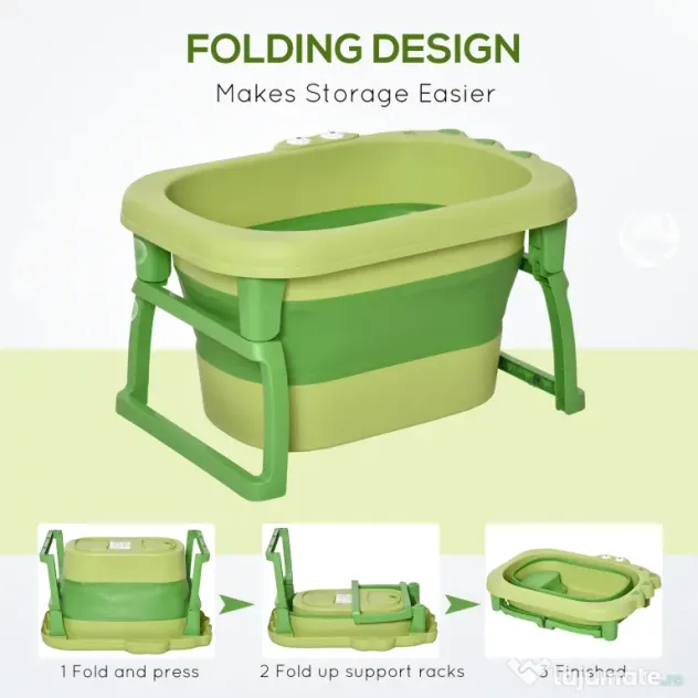 HOMCOM Cadă pentru Băiță Nou-Născuți și Copii 0-6 Ani, Plastic Antiderapant, Verde, Dimensiuni 75.3x55.4x43cm | Aosom România