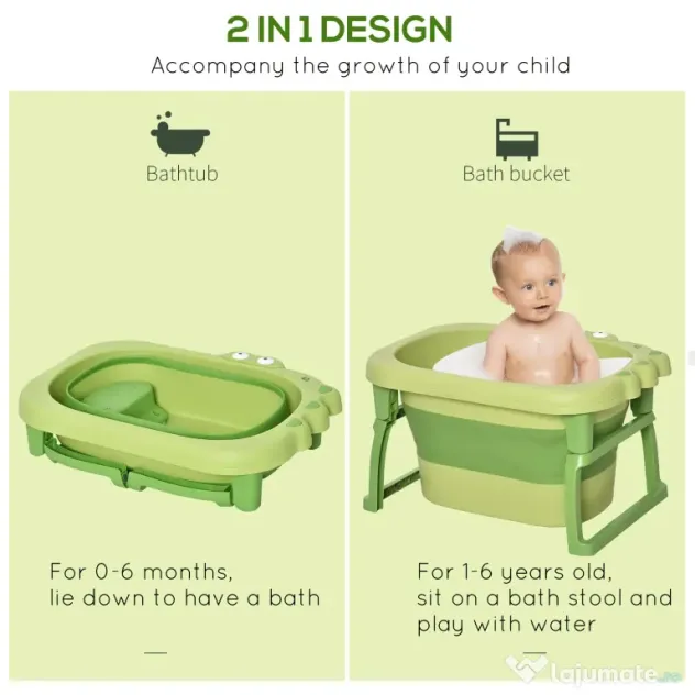 HOMCOM Cadă pentru Băiță Nou-Născuți și Copii 0-6 Ani, Plastic Antiderapant, Verde, Dimensiuni 75.3x55.4x43cm | Aosom România