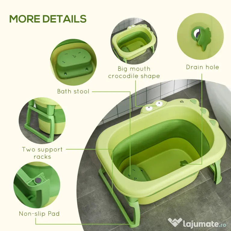 HOMCOM Cadă pentru Băiță Nou-Născuți și Copii 0-6 Ani, Plastic Antiderapant, Verde, Dimensiuni 75.3x55.4x43cm | Aosom România