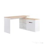 HOMCOM Birou Colțar cu Bibliotecă cu 2 Etajere, Dulap și Sertar, 140x117x76 cm, Culoare Lemn și Alb