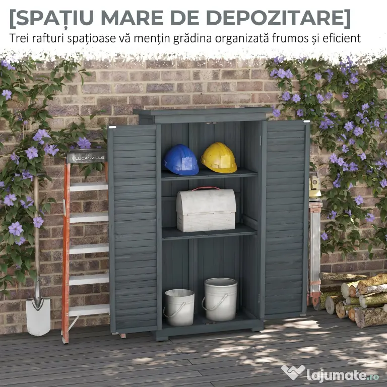 Outsunny Dulap de grădină pentru unelte din lemn, 2 rafturi, acoperiș bituminos, uși cu obloane, 87 x 47 x 160 cm, gri | Aosom Romania