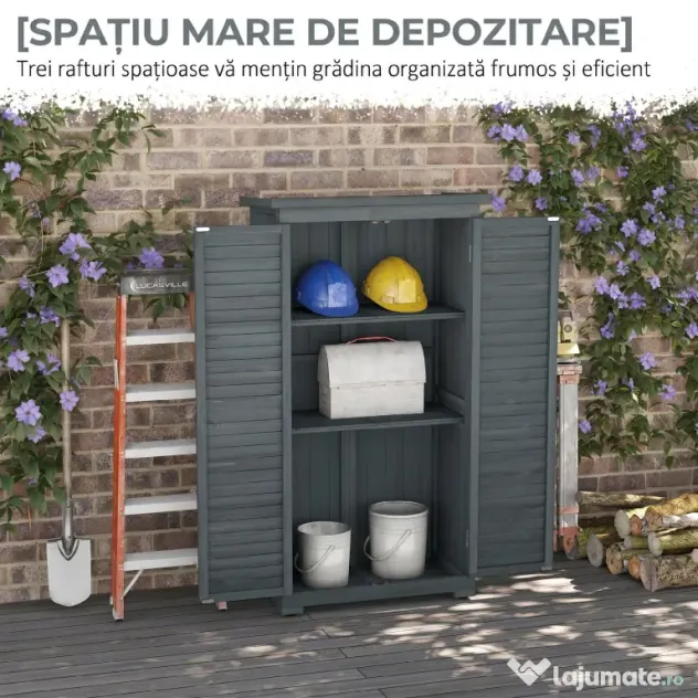 Outsunny Dulap de grădină pentru unelte din lemn, 2 rafturi, acoperiș bituminos, uși cu obloane, 87 x 47 x 160 cm, gri | Aosom Romania