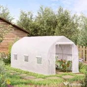 Outsunny Seră de Grădină a Tunnel 4x2x2 m cu Uși Rulabile și 6 Ferestre, Seră pentru Grădină cu Acoperiș înclinat, Structură din Metal și Acoperire PE, pentru Grădinărit Legume Flori Fructe, Alb | Aosom Romania 