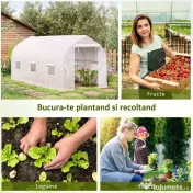 Outsunny Seră de Grădină a Tunnel 4x2x2 m cu Uși Rulabile și 6 Ferestre, Seră pentru Grădină cu Acoperiș înclinat, Structură din Metal și Acoperire PE, pentru Grădinărit Legume Flori Fructe, Alb | Aosom Romania 
