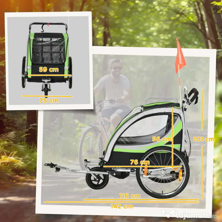 HOMCOM Remorcă Bicicletă pentru Copii, Design 2 în 1 cu Frână și Centură de Siguranță, 142x75x101 cm, Albastru