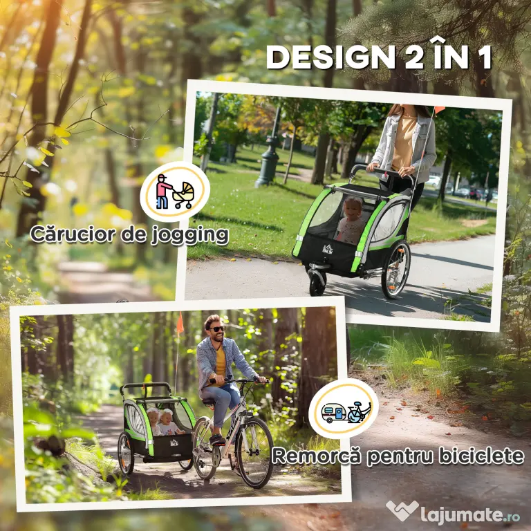HOMCOM Remorcă Bicicletă pentru Copii, Design 2 în 1 cu Frână și Centură de Siguranță, 142x75x101 cm, Albastru