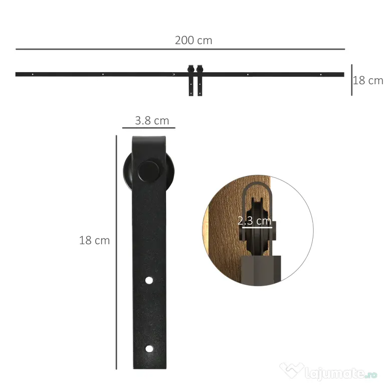 HOMCOM Kit pentru ușă glisantă din lemn cu șină de 200cm și capacitate de 20kg, negru